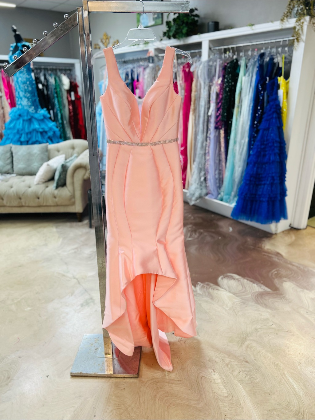 Sleeveless Peach Prom Dress With Beaded Waist
